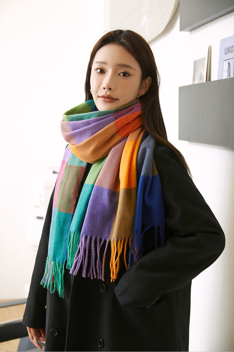 2022 New checkered scarf for women, a sweet and versatile Japanese and Korean style warm scarf, a fashionable shawl, and a faux cashmere scarf for women pic 31