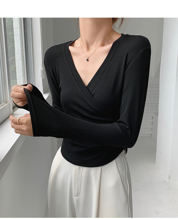 A new French cross-V-neck top for women, featuring a versatile Korean long-sleeved T-shirt with a unique design sense pic 5