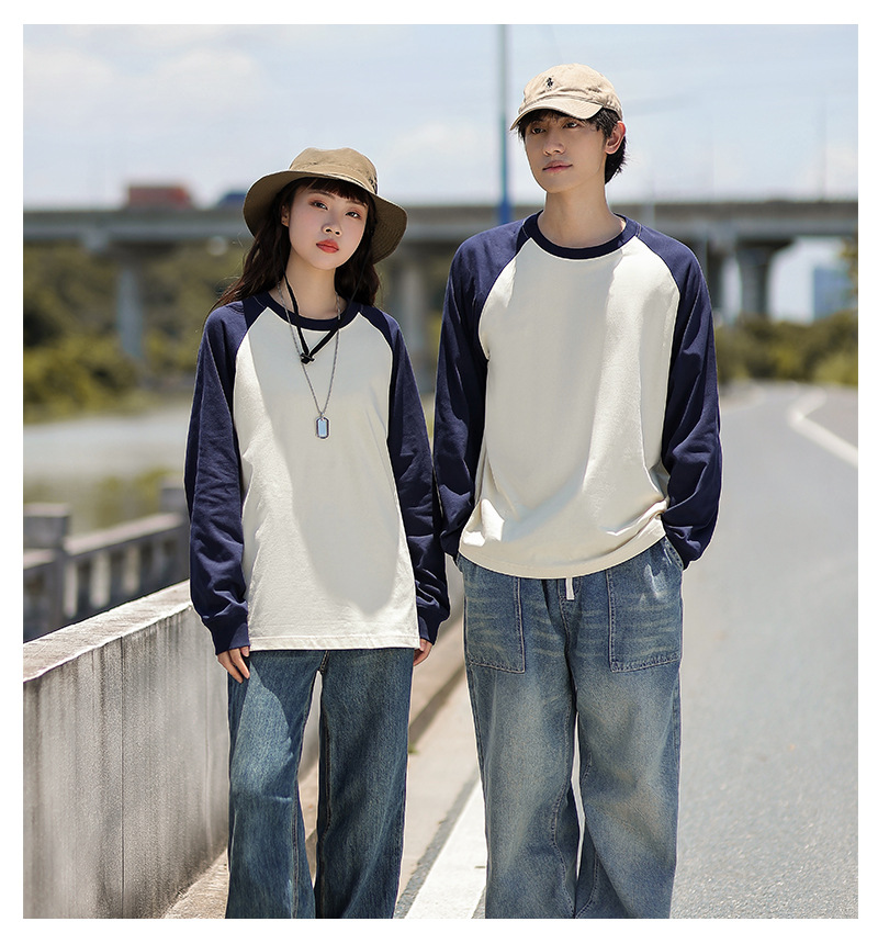 A 250-gram pure cotton off-the-shoulder threaded cuff round-neck long-sleeved T-shirt for women, featuring a loose, color-blocked base layer pic 18