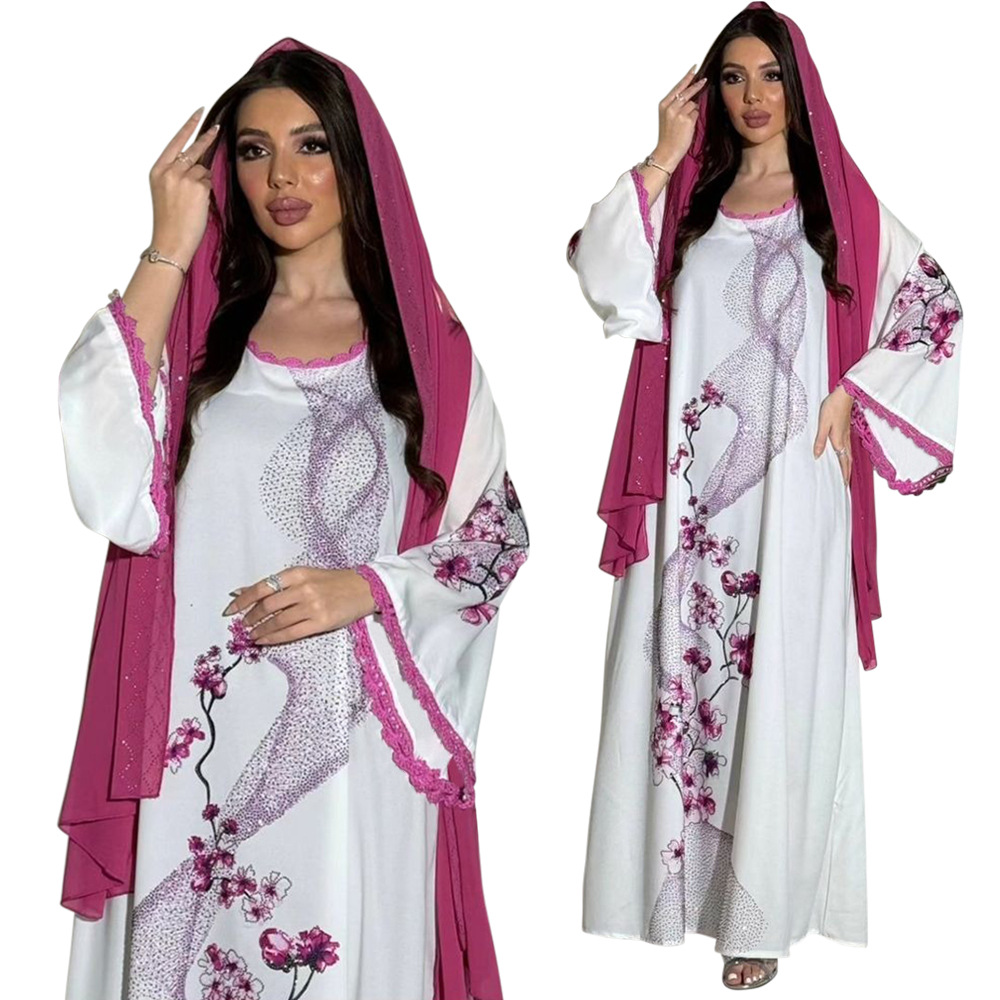 XQY500263 Cross-border Middle East Muslim Robe Dubai Arab printed Robe Dress with belt pic 11
