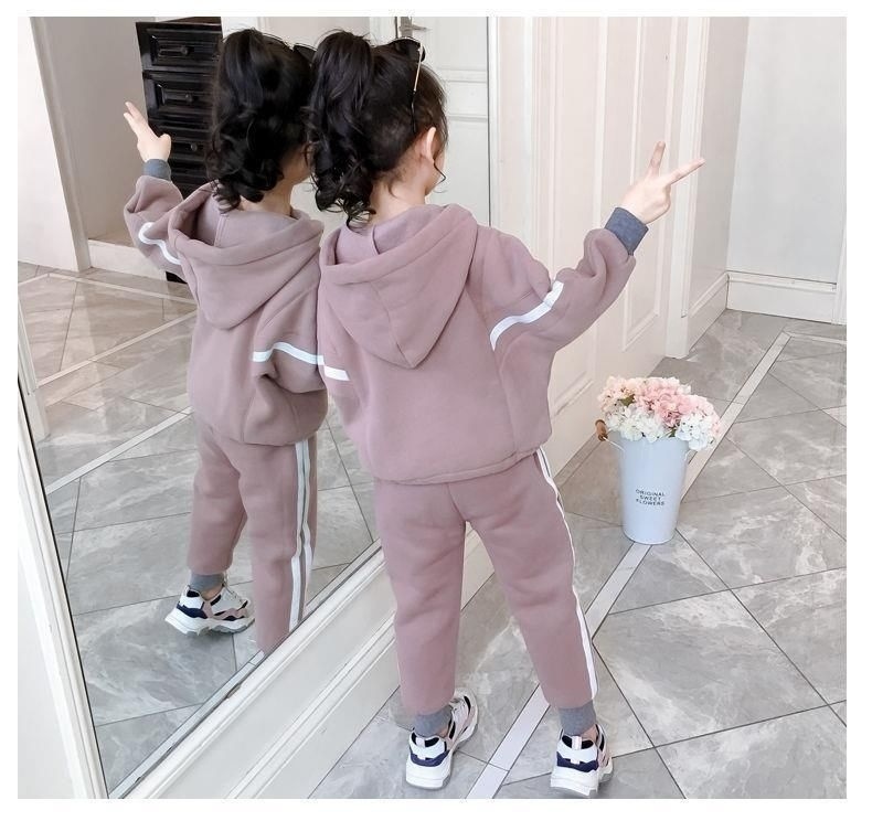外贸加绒秋冬季2022新款儿童女童服装拼接连帽卫衣套装两件套批发详情14