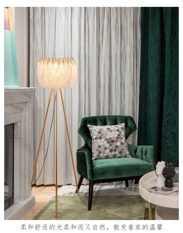 Factory direct sales, popular American-style feather floor lamps, princess bedroom ostrich feather lamps, light luxury European-style living room floor lamps pic 11
