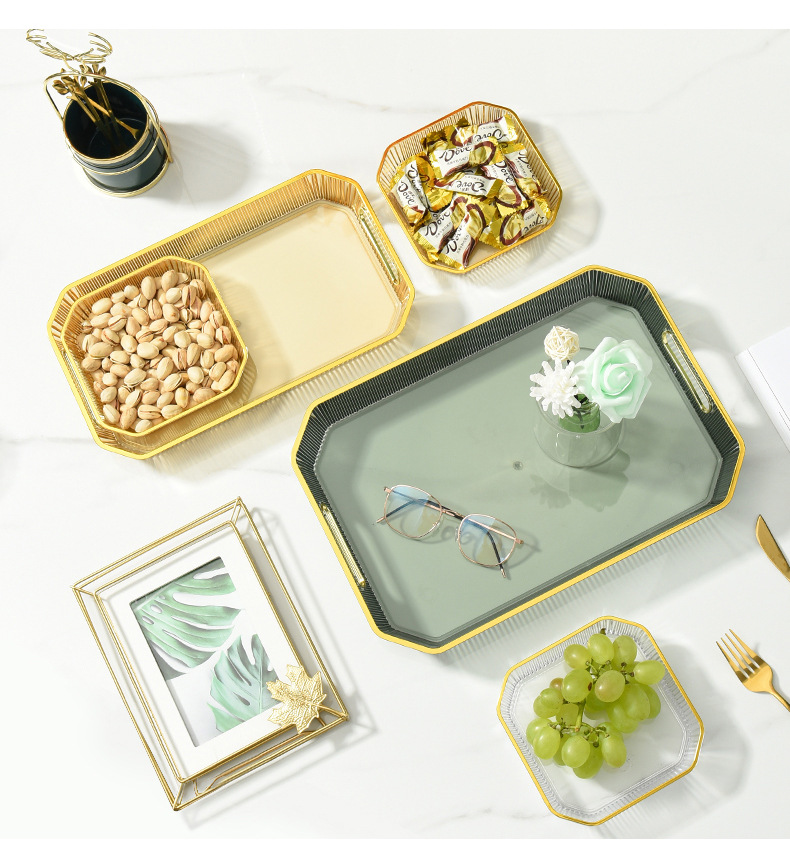 Nordic light luxury tray, household tea cups, water cups, tea tray, living room coffee table, transparent golden edge tray, rectangular dinner plate pic 17