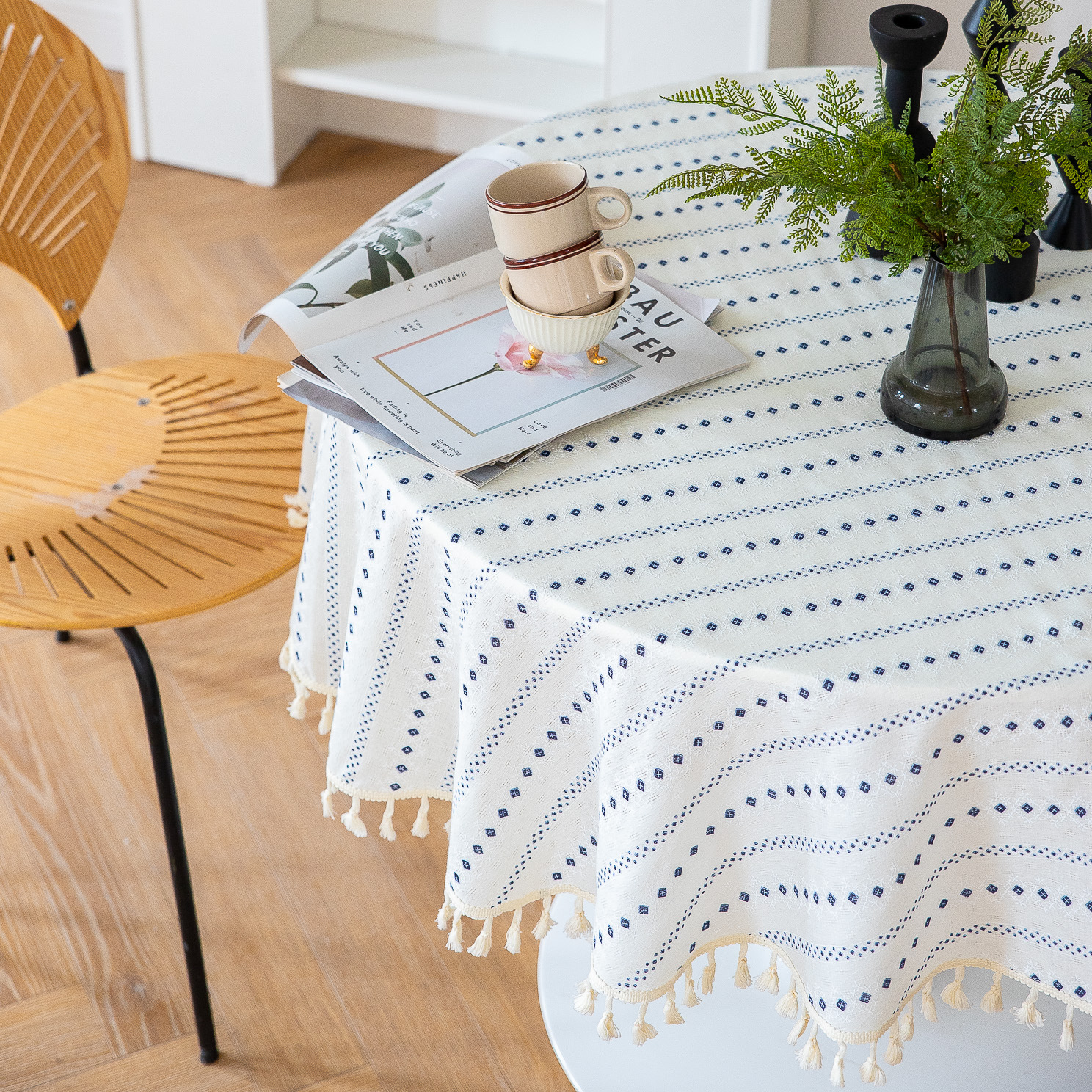 Cross-border Amazon Japanese plain tablecloth, Japanese fresh and light blue striped pure cotton and linen tablecloth and desk cover pic 5
