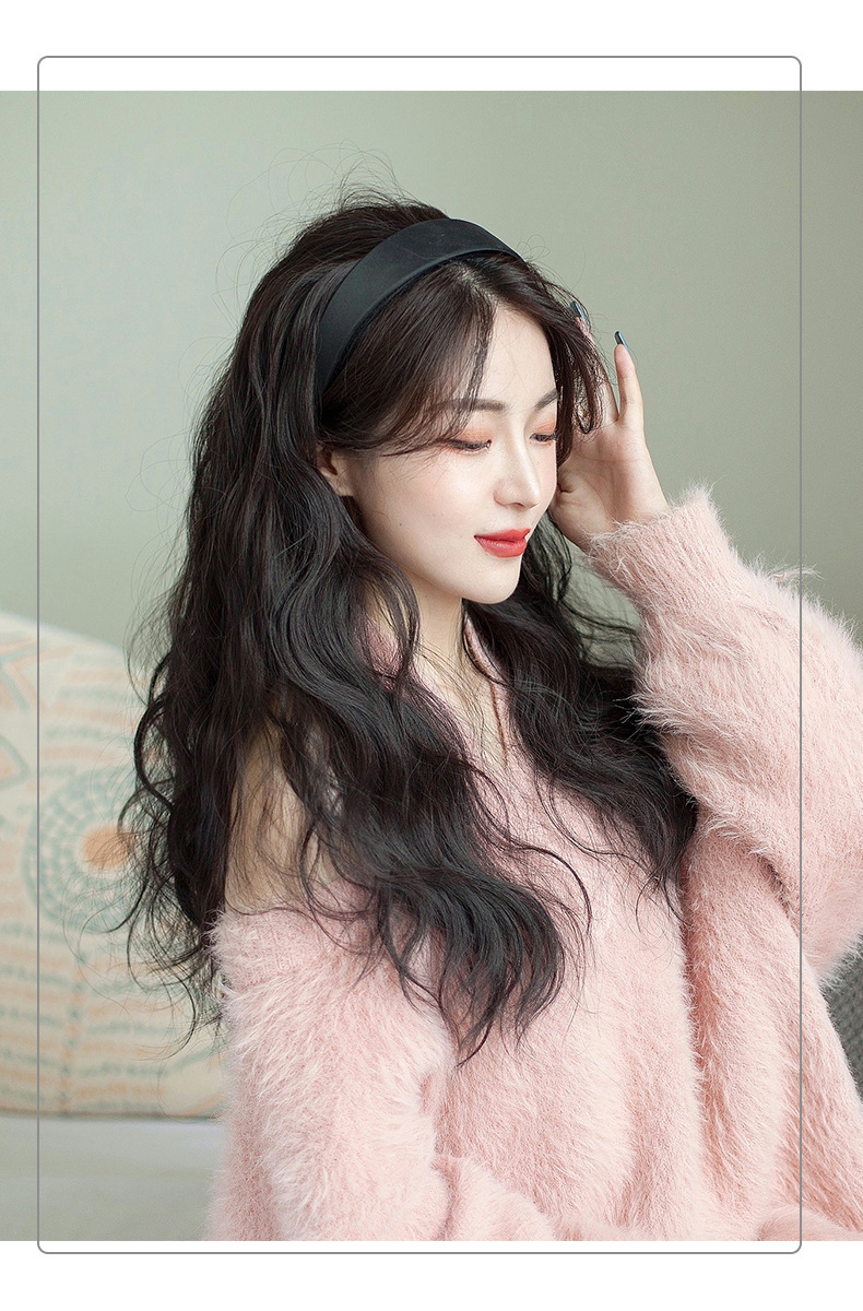 Black hairband wig one-piece long water ripple corn silk permed long curly hair half head cover pic 9
