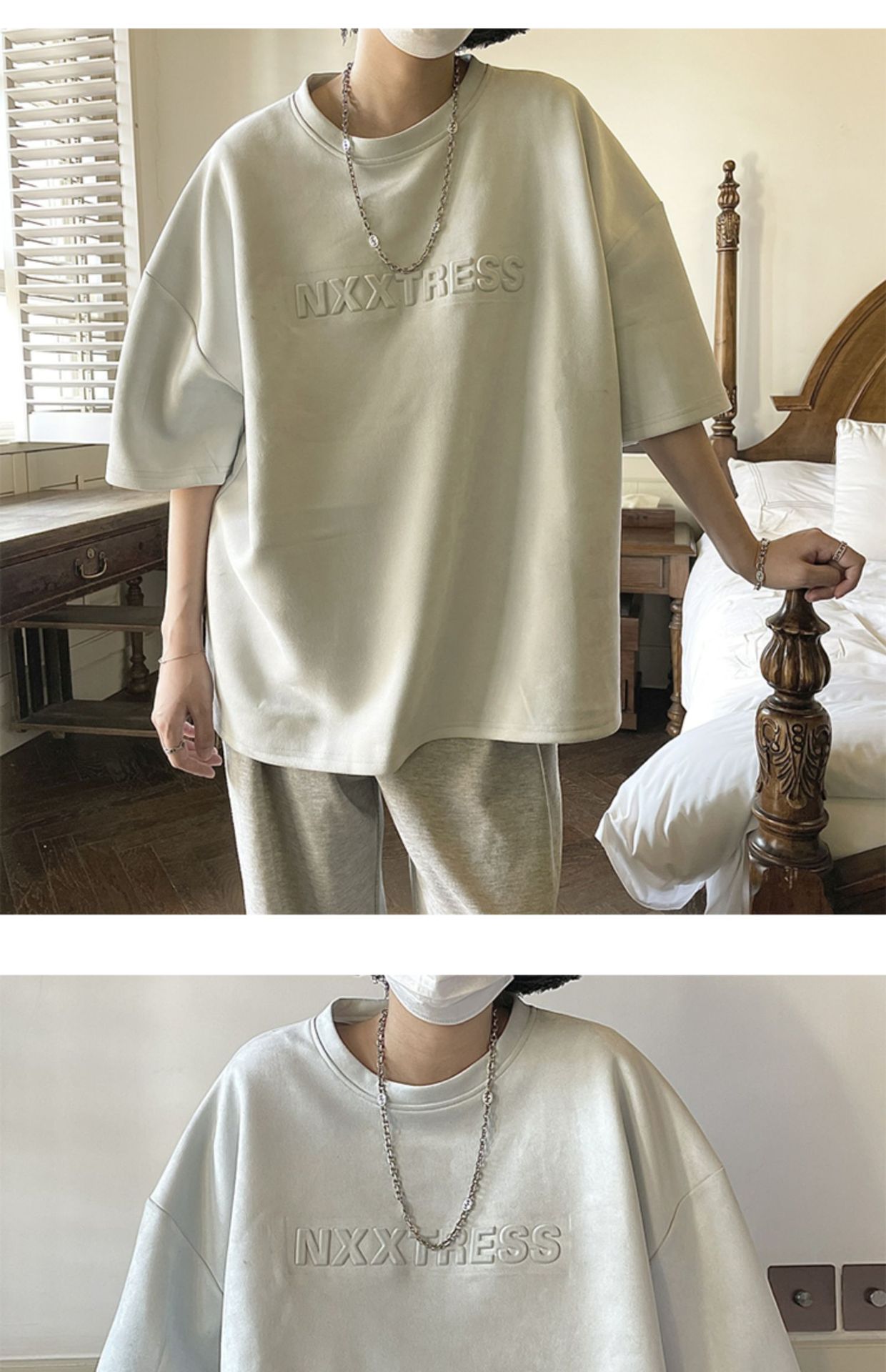 麂皮绒重磅压印t恤男夏季小众设计感五分短袖宽松百搭体恤上衣服详情14