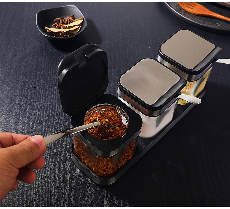 New product direct supply from the manufacturer: 304 stainless steel seasoning jar three-piece set, creative kitchenware glass seasoning box set pic 14