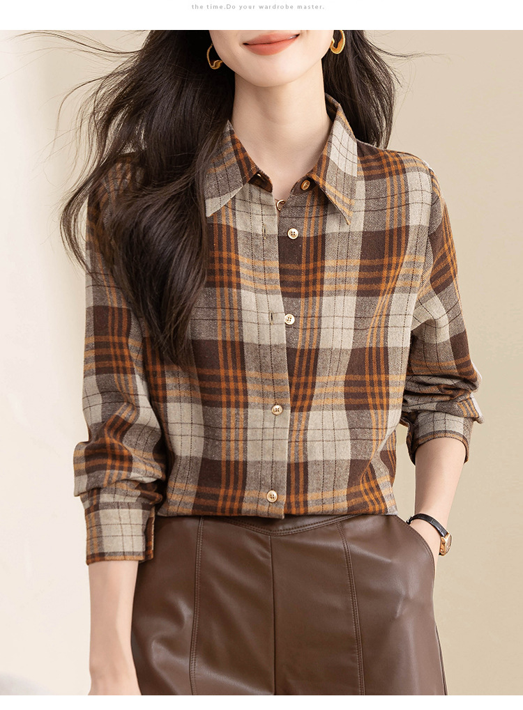 复古格子衬衫女长袖秋冬装新款中长款宽松上衣设计感小众磨毛衬衣详情19