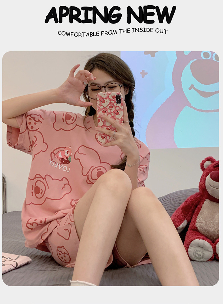 新款睡衣女夏季短袖短裤棉质套装韩版学生甜美可爱卡通女士家居服详情12