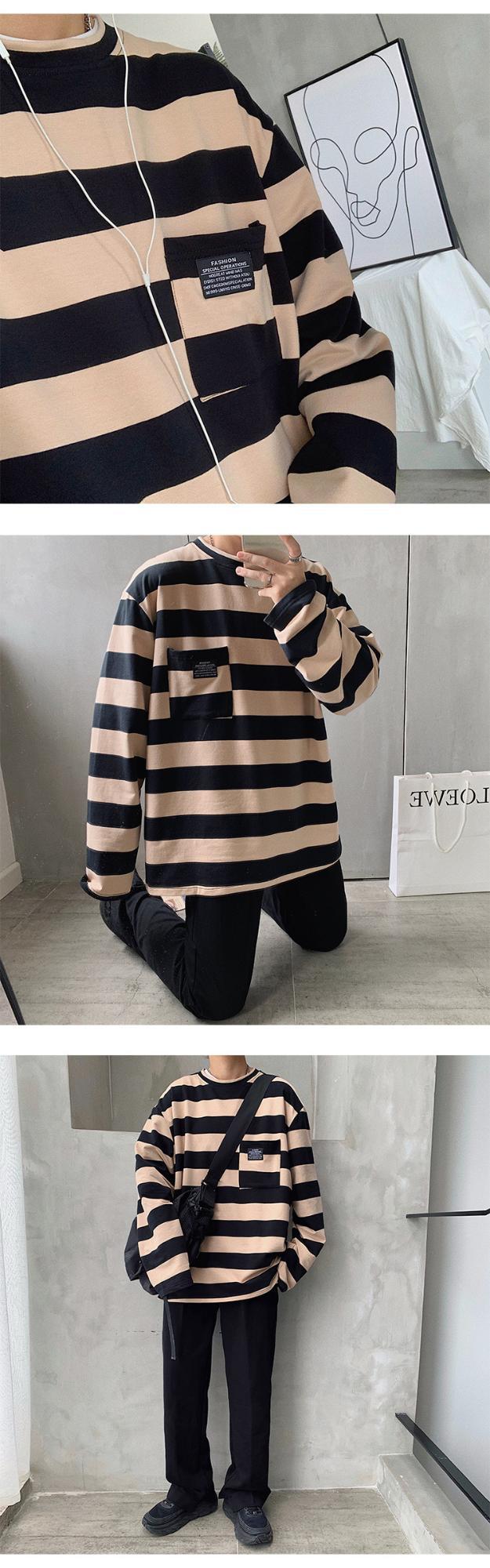Cross-border striped T-shirt for women 21 New striped long-sleeved T-shirt for women on Instagram Harajuku loose Korean-style top in stock pic 11