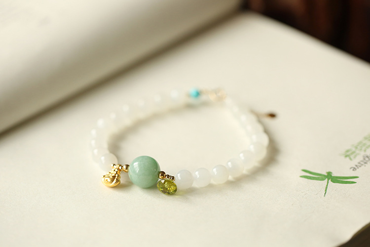 999 pure gold Maitreya Buddha natural 7mm Hetian jade round bead cut peridot bracelet 18K gold tail pendant pic 9