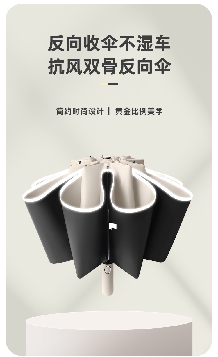 雨伞折叠伞反向双骨反光条晴雨伞加固抗风暴加厚黑胶雨伞自动大号详情2