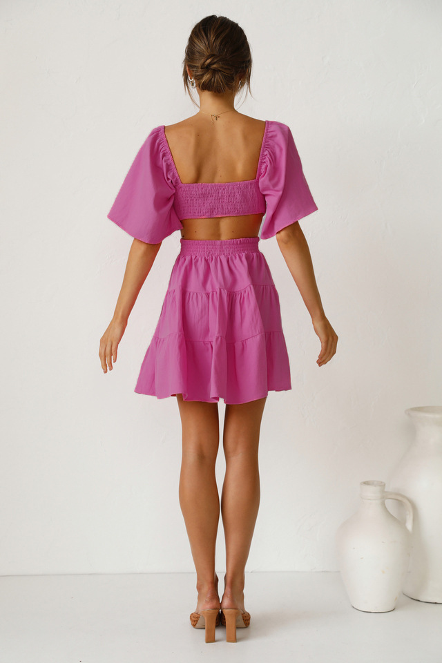 2022 European and American Cross-border Spring/Summer New solid-color rubber-waisted fresh and sweet short dress 22053 pic 6
