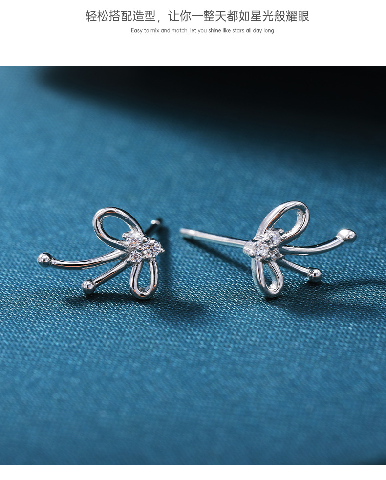 旭业通体s925纯银电镀白金微镶锆石蝴蝶结高级小众耳饰品厂家批发详情7