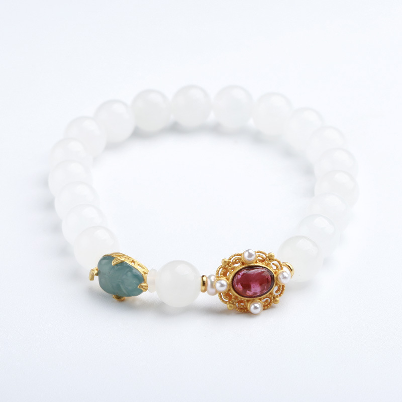 Natural Hetian jade white jade round bead bracelet for women, blue water jade leaf bracelet, a niche design for your girlfriend pic 13