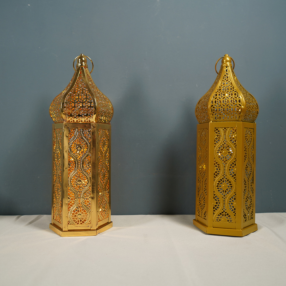 Cross-border new ironwork gilded wind lamps, hollowed-out Moroccan lanterns, home decoration ornaments, handicrafts, atmosphere props pic 11