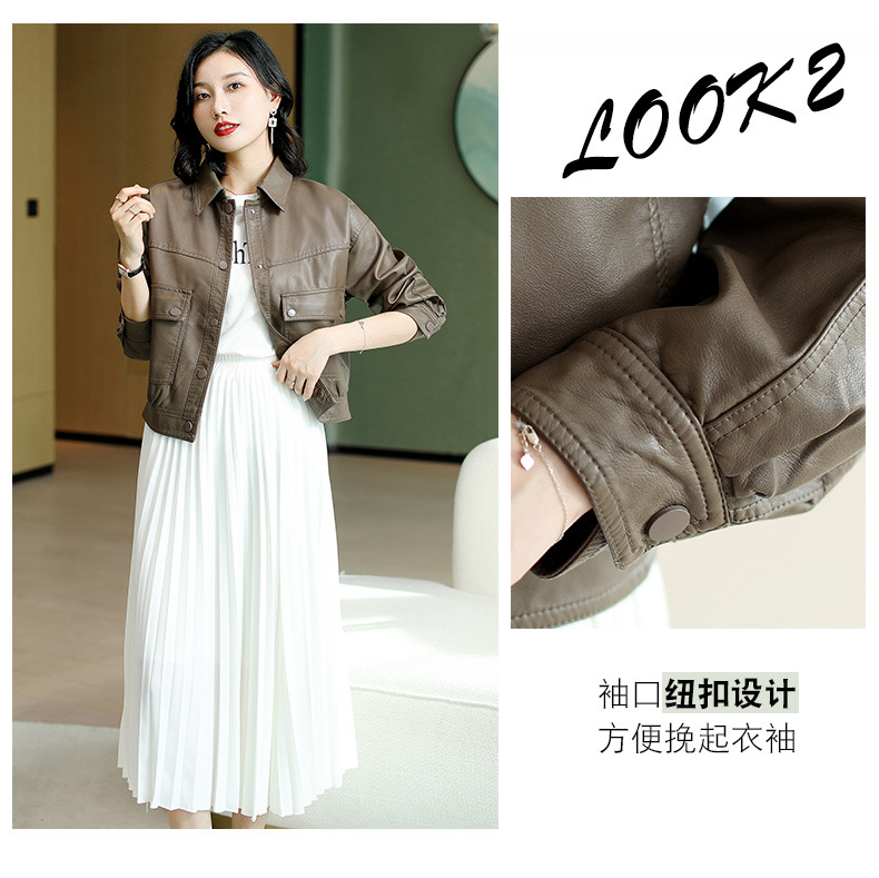 纯色单排扣PU皮衣女2022年春秋新款时尚韩版翻领长袖机车服外套详情6