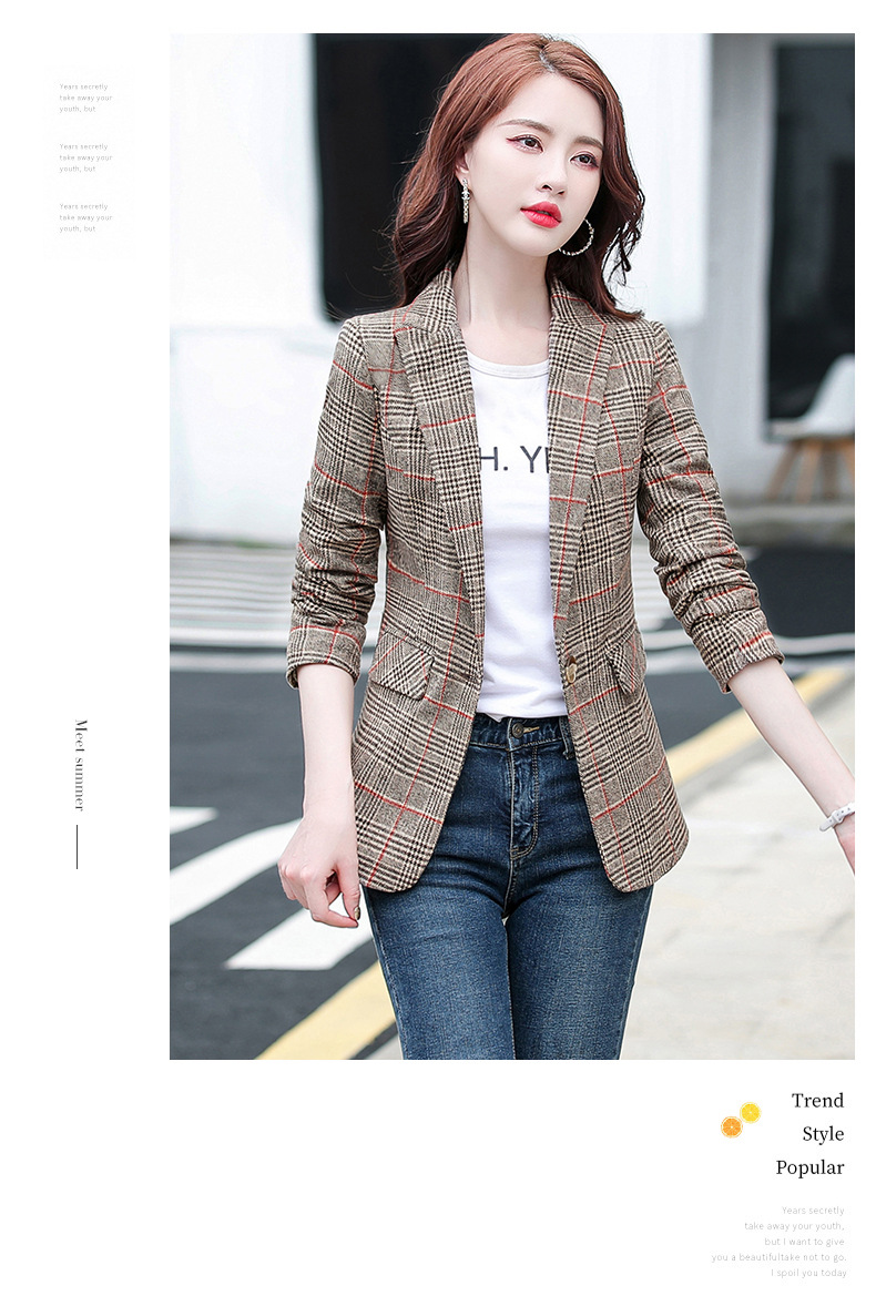 实拍 小西装外套女2022年秋装新款韩版短款时尚休闲女士格子西服详情15