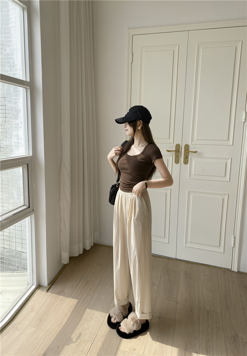 日系休闲裤子女夏薄款高腰显瘦遮肉阔腿直筒哈伦裤女速干裤九分裤详情25