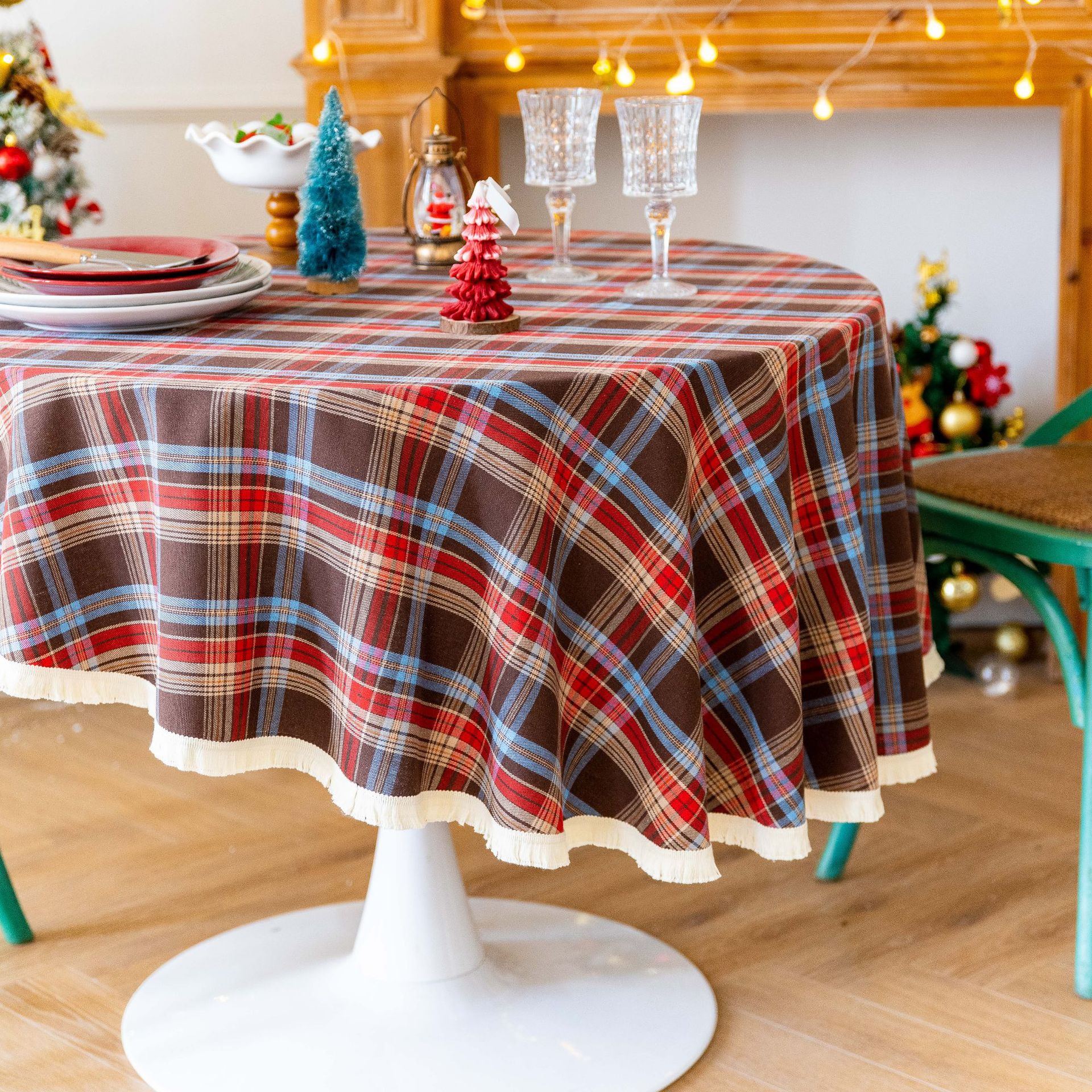 Tablecloth, coffee table, cotton and linen decorative table, ins style best-selling rectangular retro dining table, festive red Christmas checkered pic 28