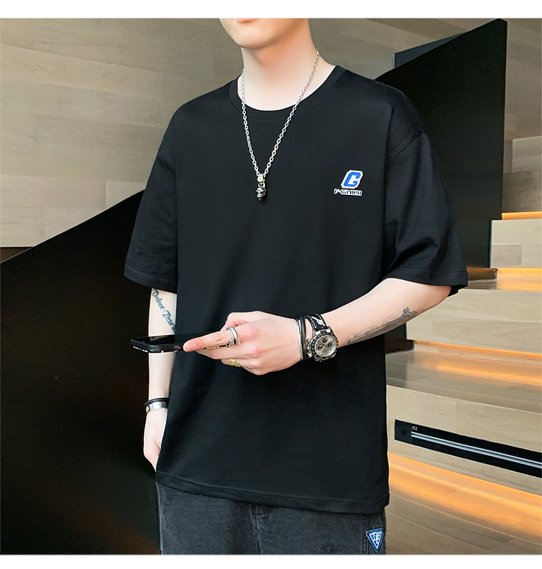 Pure cotton T-shirt for men, summer short-sleeved 2024 new Korean style five-quarter sleeve off-the-shoulder shirt, loose trendy brand short-sleeved large size pic 12