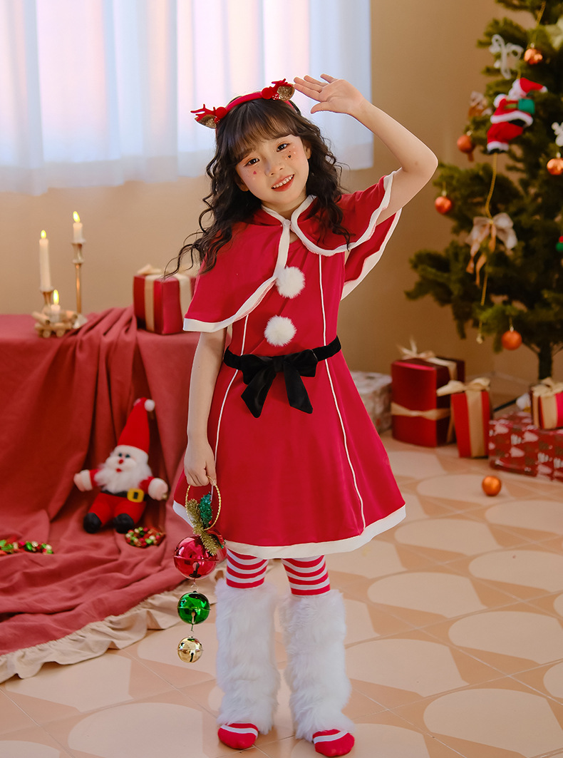 圣诞节儿童服装女童披肩斗篷连衣裙红色裙子派对装扮服饰圣诞老人详情7