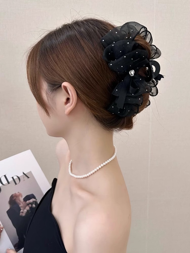 高级感云朵波点网纱抓夹女满天星水钻泡泡后脑勺鲨鱼夹蝴蝶结发夹详情2