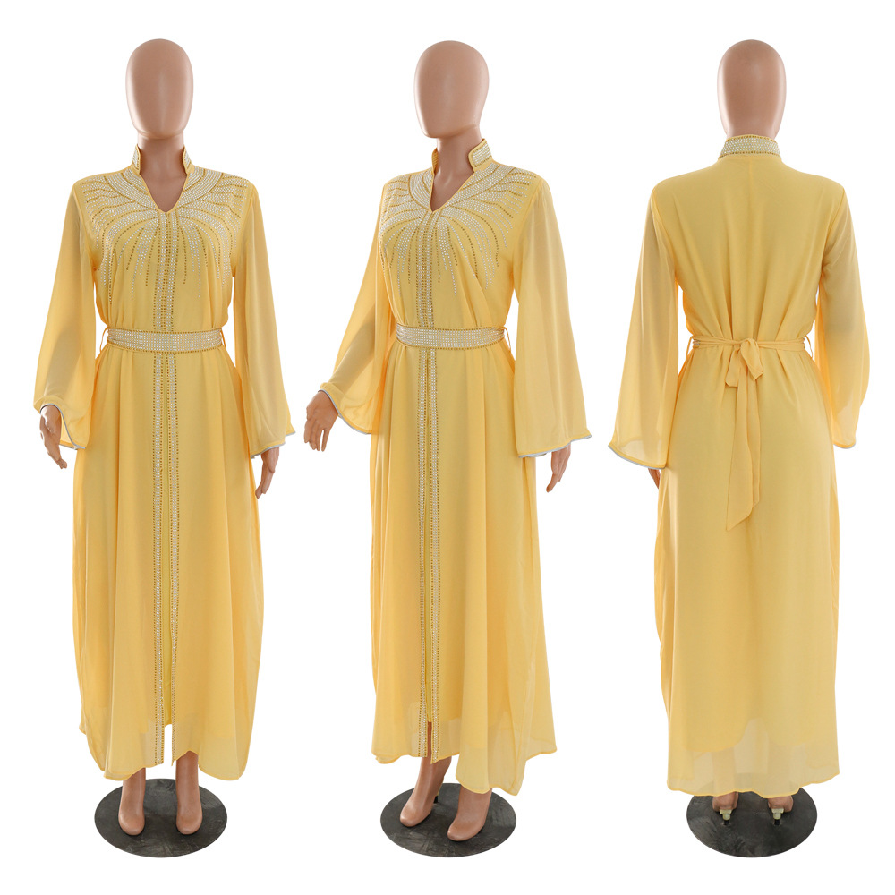 XQY500090 Foreign trade Arab robe, Middle East kaftan fashion Hot diamond belted chiffon dress pic 42