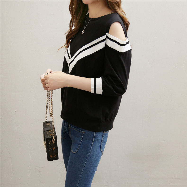Spring and Autumn new versatile T-shirt for women, 7-inch sleeved off-the-shoulder long-sleeved sexy half-sleeved top pic 18