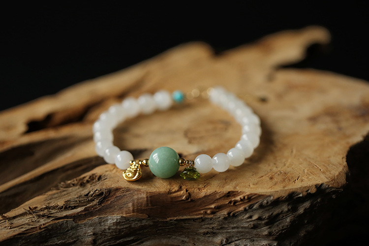 999 pure gold Maitreya Buddha natural 7mm Hetian jade round bead cut peridot bracelet 18K gold tail pendant pic 10