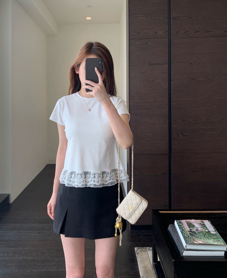 A13512甜美少女感 设计感下摆蕾丝花边拼接显瘦短袖T恤女春夏新详情5