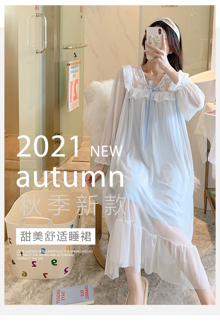 人气公主风睡裙女长袖网纱性感连衣裙长袖宫廷休闲纯棉睡衣睡裙秋详情1