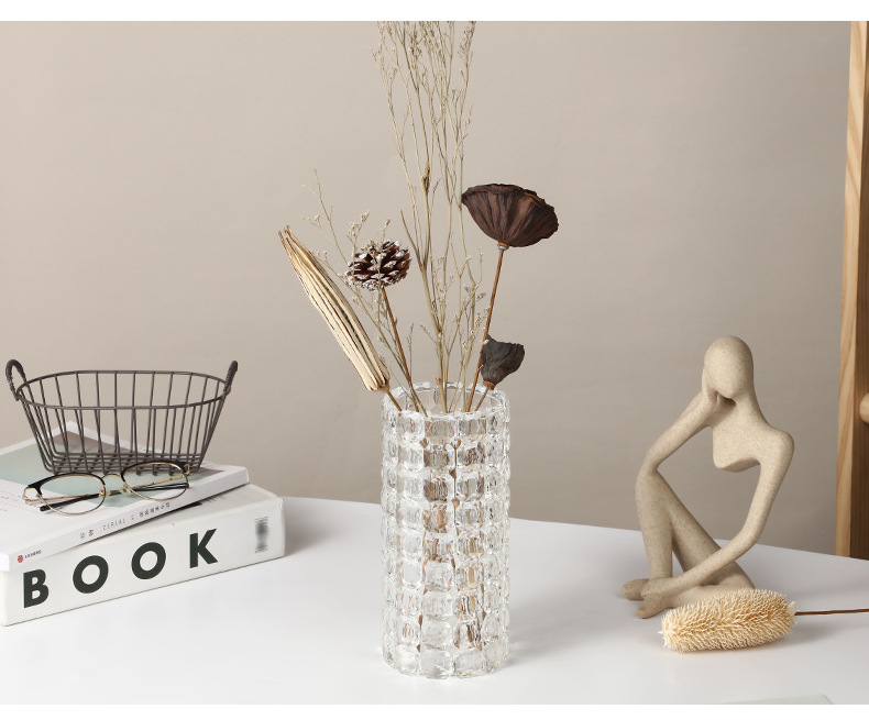 Pastoral simple crystal glass vase, living room dining table flower vase, transparent checkered fresh flower round straight tube vase pic 14