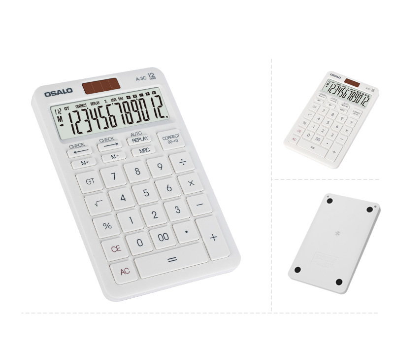 The manufacturer sells straight-bar white calculators, dual-power gift calculators, solar-powered small clear 12-digit calculators pic 5
