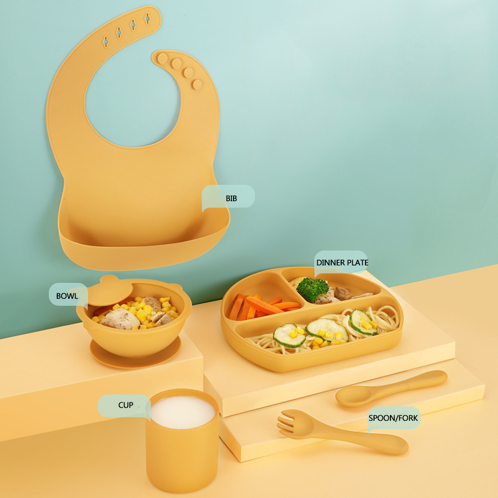 Platinum silicone deer bowl feeding set, bib bowl, fork and spoon set combination, waterproof and easy-to-clean baby products pic 5
