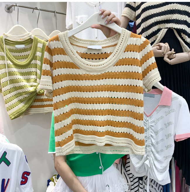 大码女装镂空韩系条纹针织短袖t恤复古圆领上衣时尚百搭2022夏季详情13