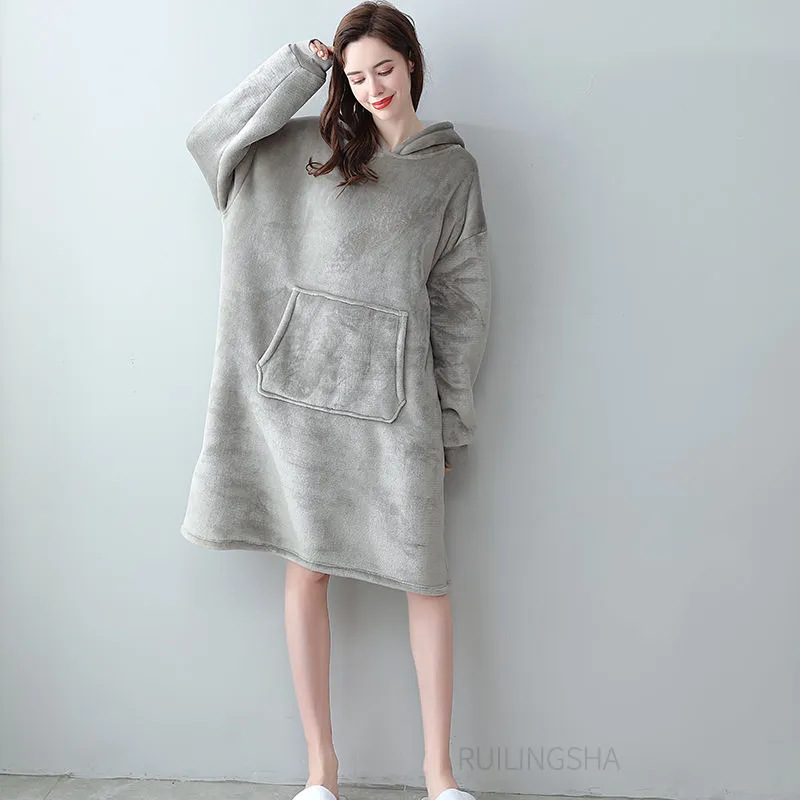 Ropa perezosa albornoz color sólido tallas grandes sudaderas pareja engrosada ropa de frío calor ropa de dormir exterior con capucha ropa de hogar pic 2