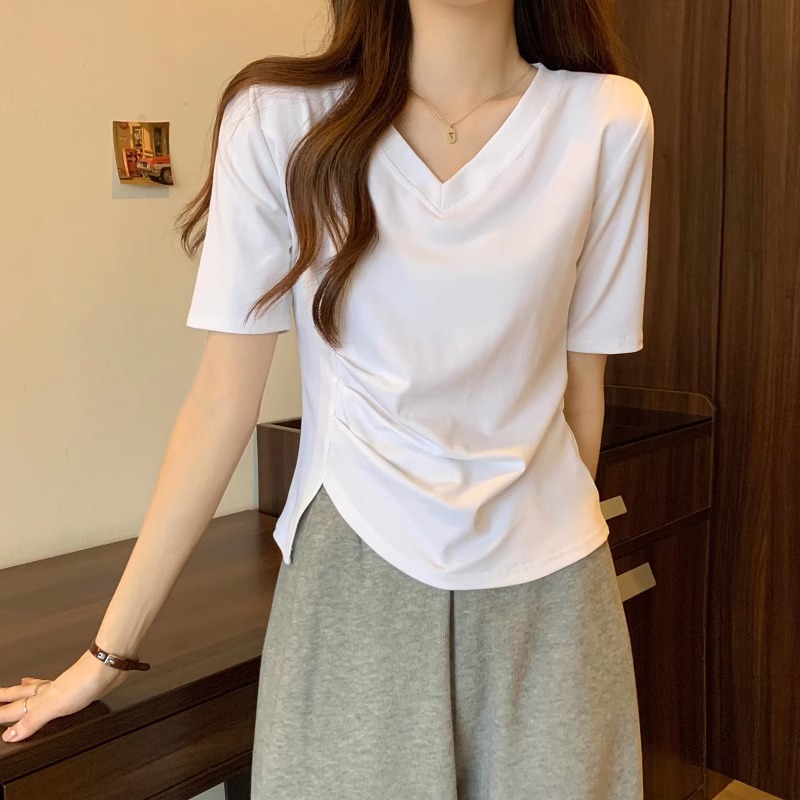 美式不规则V领棉质短袖T恤女纯色洋气小衫夏装显瘦正肩上衣详情5