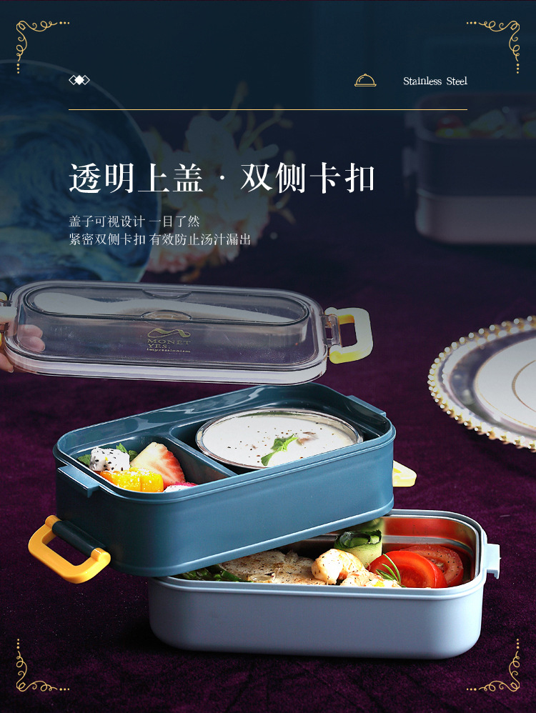 304 acero inoxidable doble asa lunch box con tazón de sopa lunch box puede ser personalizado estudiante trabajador portátil bento box pic 9