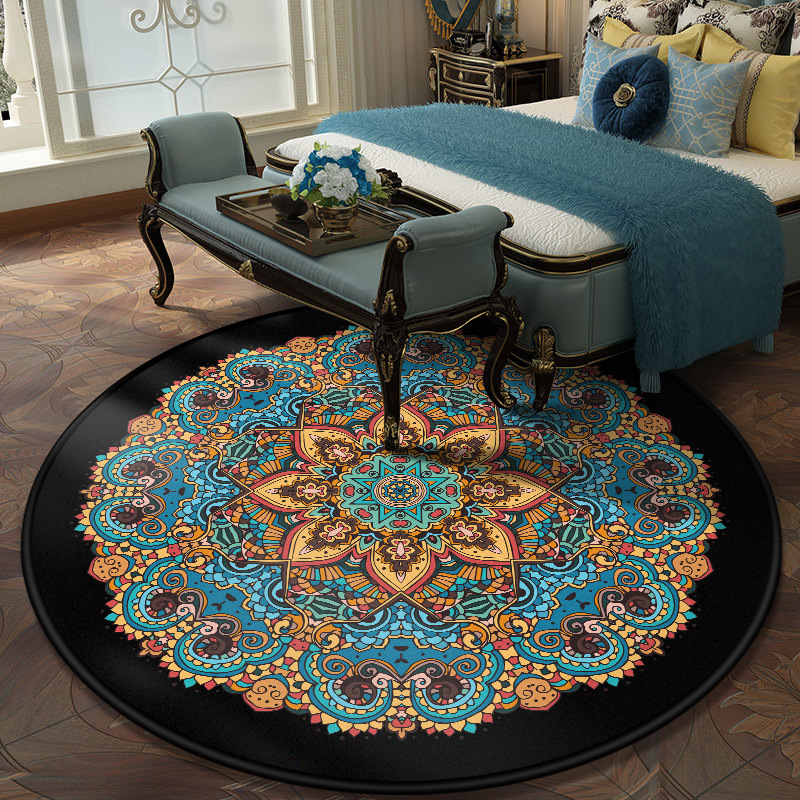 Cross-border ethnic wind round floor mat alfombra cristal de peluche mandala estampada mesa de centro cesta colgante sala de estar hogar pic 2