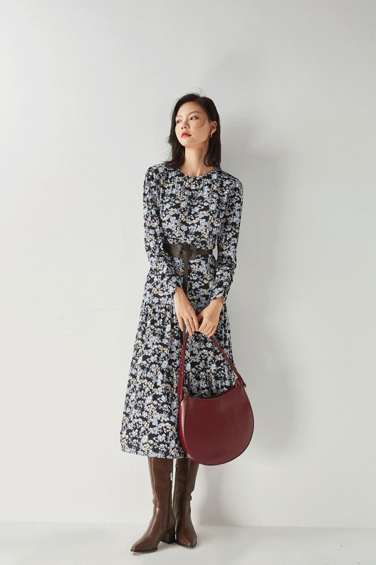 Shenghong 2023 Spring French Elegant Style Floral round-neck Loose Slimming Pleated Mid-length Dress 11213 pic 11