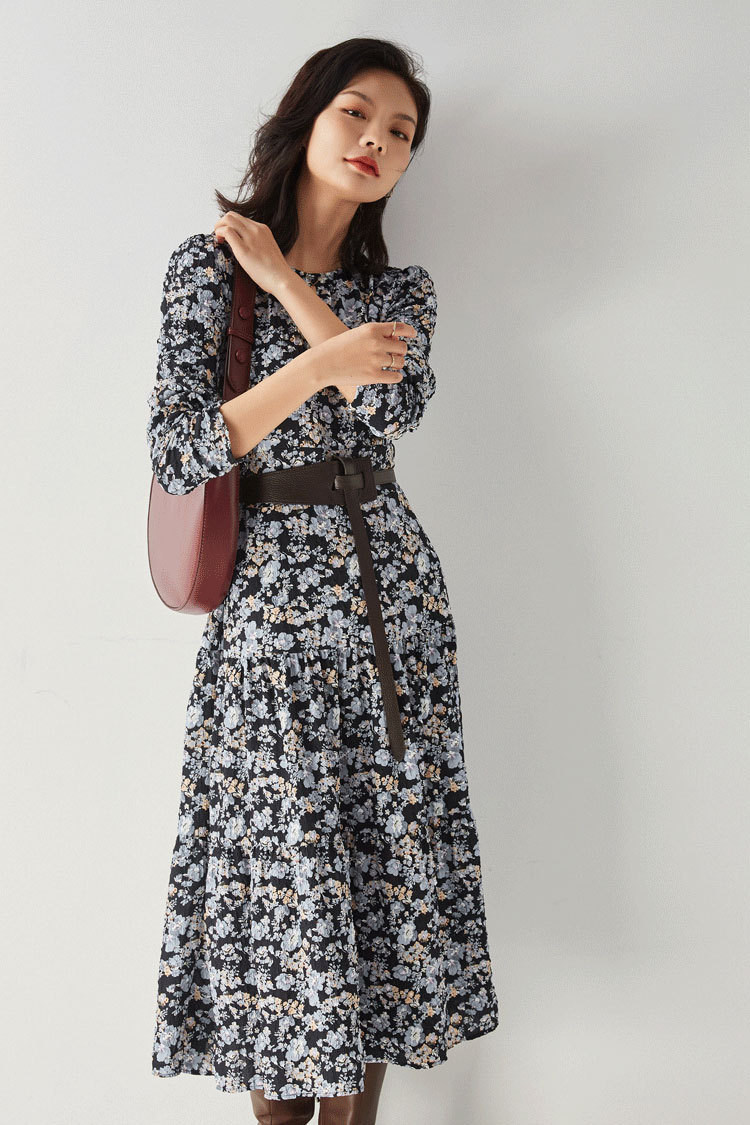 Shenghong 2023 Spring French Elegant Style Floral round-neck Loose Slimming Pleated Mid-length Dress 11213 pic 17