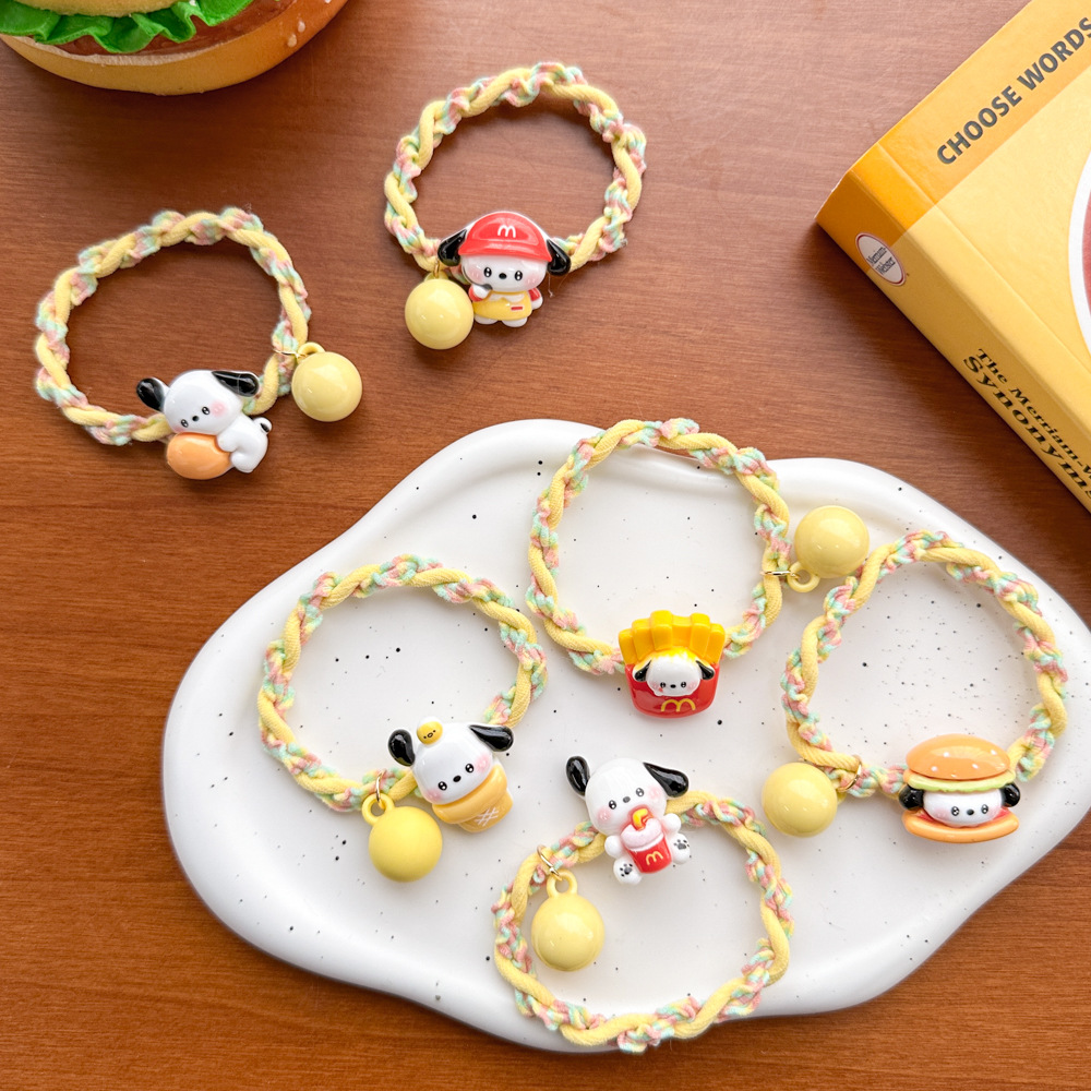 A cute cartoon cream-colored puppy hair tie and a sweet girl with a ponytail at the back of her head pic 5