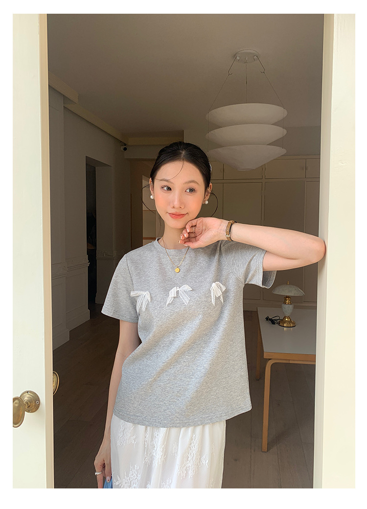 Aisili 2025 Spring Korean ballet-style lace bow design Versatile short-sleeved T-shirt for women 13316 pic 23