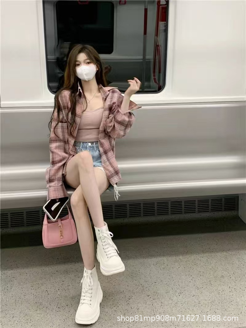 美式复古法式粉色格子衬衫女春夏2025新款设计感宽松内搭外套上衣详情5