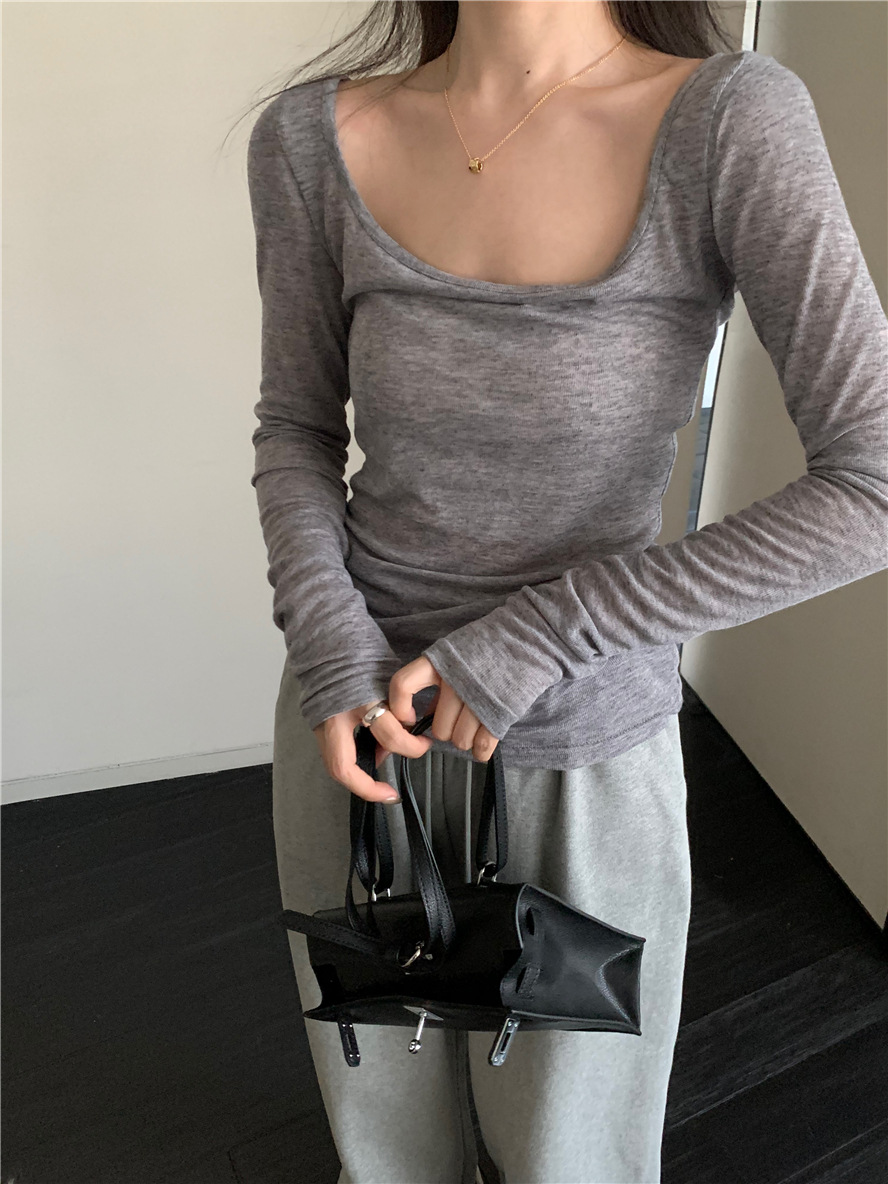 基础款纯色简约百搭舒适慵懒风薄款上衣U领打底衫内搭长袖t恤女详情2