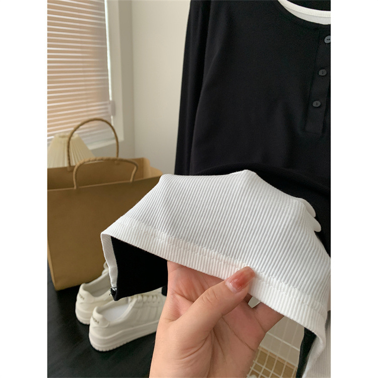直播热卖原厂小排扣纯色显瘦长袖圆领黑白假两件T恤女秋冬打底衫详情9