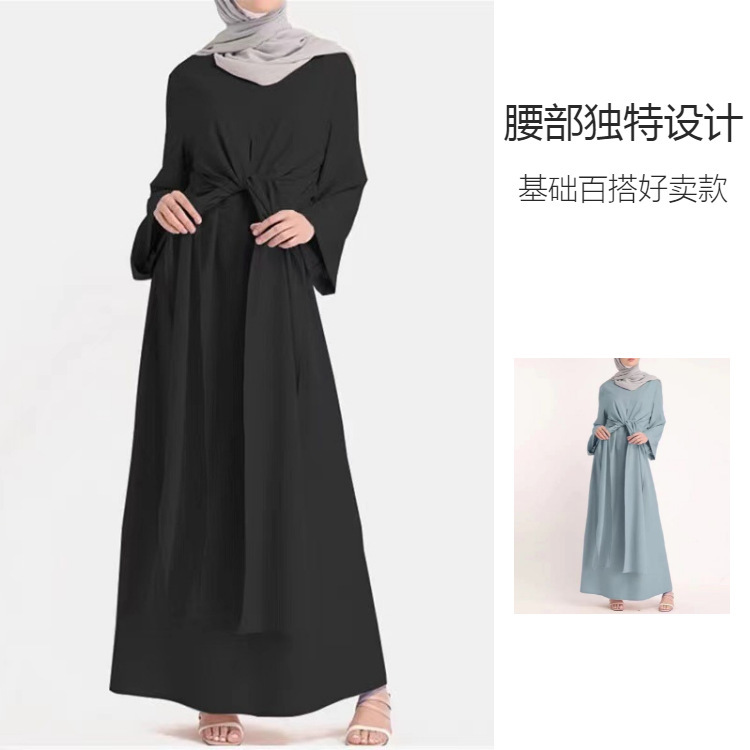 2023芳佑服饰跨境女装中东迪拜阿拉伯长袍纯色系带束腰长款连衣裙详情3