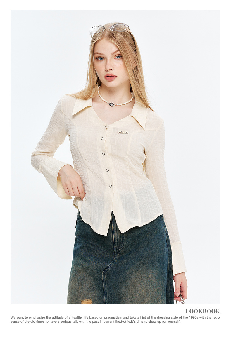 Nariele 洋气薄款开衫V领春秋短款衬衫女御姐风修身长袖韩系上衣详情19