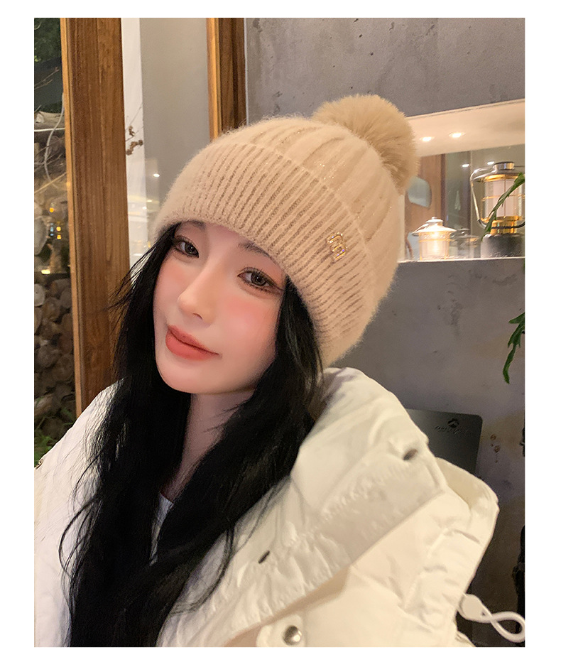 新款秋冬季针织毛球显脸小套头帽户外加绒保暖女甜美护耳毛线帽子详情19